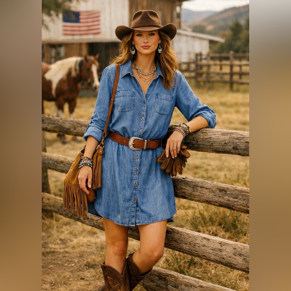 Soft Surroundings Blue Denim Mini Dress with Brown Belt